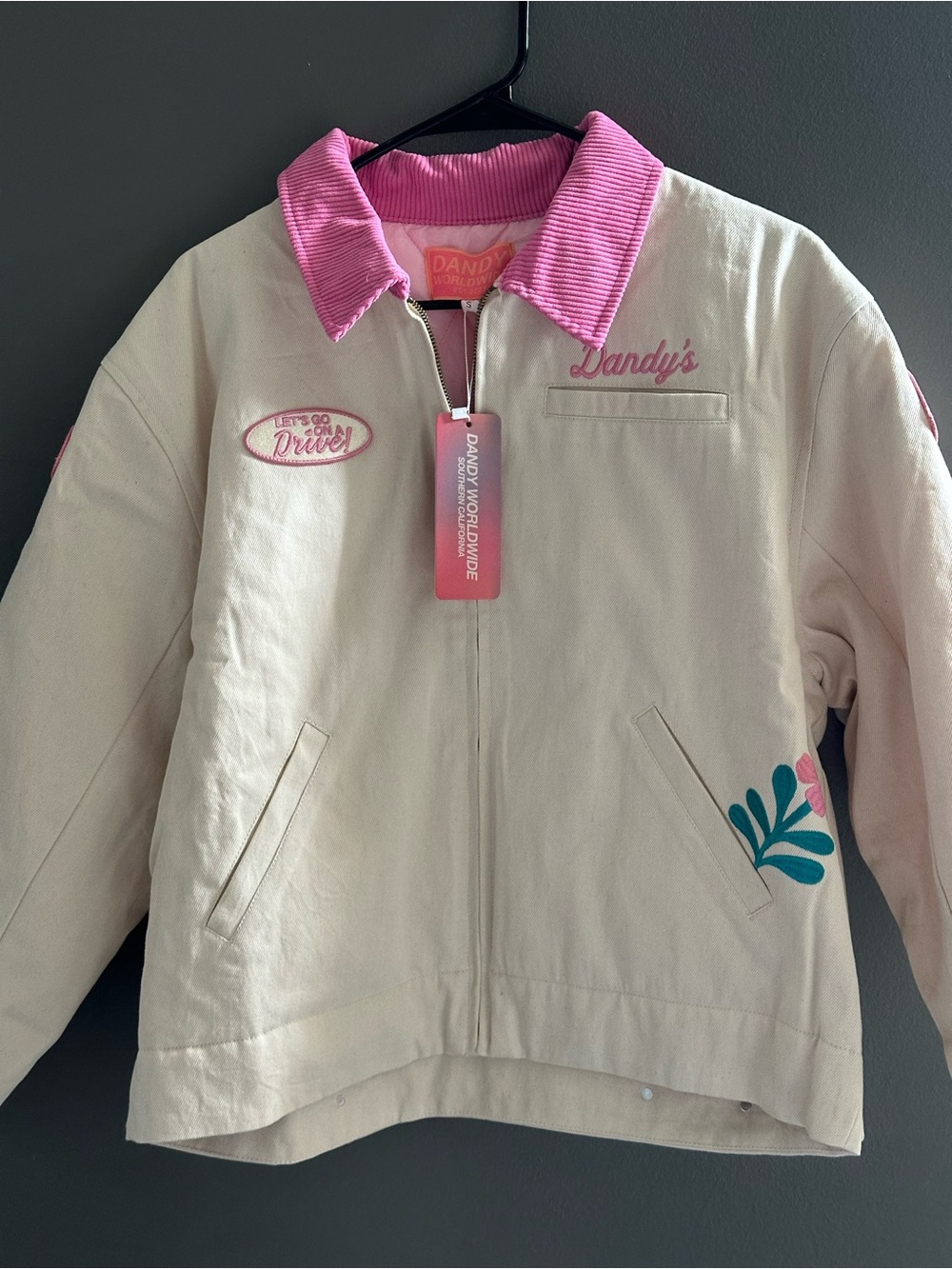 Women's Cream & Pink Corduroy-Collar Jean Jacket
